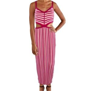 Torn by Ronny Kobo Red, Pink and Cream Artemis Knit Striped Cut-out Midi Dress